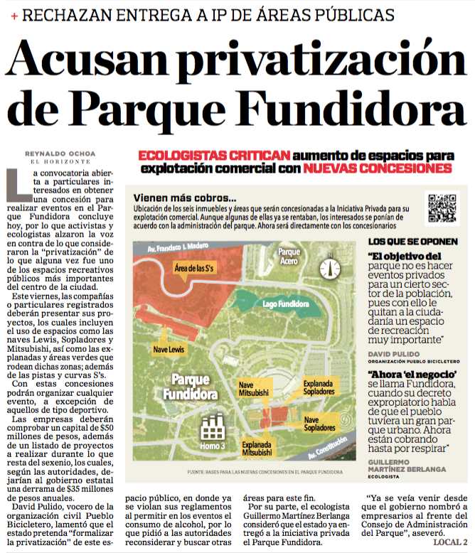 Acusan privatización de parque fundidora - portada el Horizonte - 15 jun 2016
